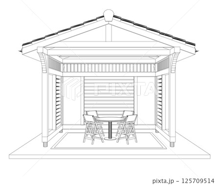 Gazebo outline. Black contour linear silhouette. Contour of a summerhouse with benches, a table and a roof. Vector illustration. 3D. Gazebo outline. Black contour linear silhouette. Contour of a summerhouse with benches, a table and a roof. Vector illustration. 3D. 125709514