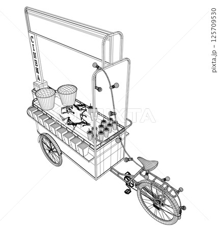 Wireframe Popcorn maker vector illustration. Vintage kiosk in amusement park. Street food. Tricycle movie theater food. Isometric view. 3D 125709530