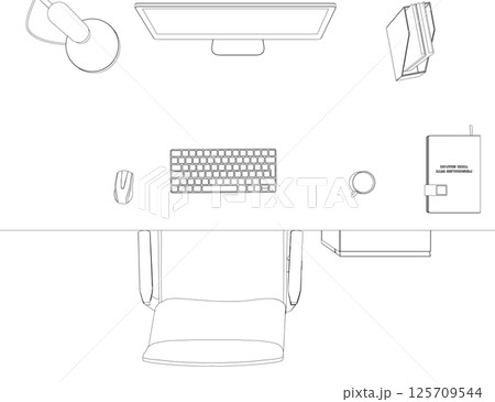 Contour Office room. There are tables, chairs, computers, case for documents and other objects. Office interior with furniture. Modern business workplace or workspace design. Vector illustration. 3D Contour Office room. There are tables, chairs, computers, case for documents and other objects. Office interior with furniture. Modern business workplace or workspace design. Vector illustration. 3D 125709544