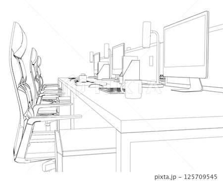 Contour Office room. There are tables, chairs, computers, case for documents and other objects. Office interior with furniture. Modern business workplace or workspace design. Vector illustration. 3D Contour Office room. There are tables, chairs, computers, case for documents and other objects. Office interior with furniture. Modern business workplace or workspace design. Vector illustration. 3D 125709545
