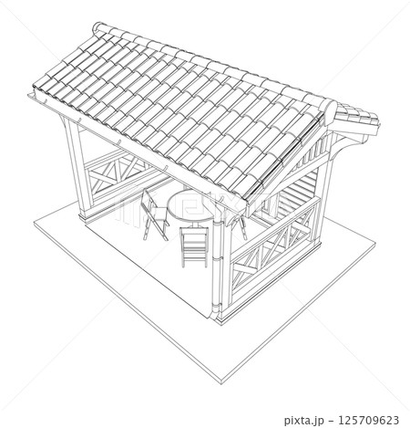 Gazebo outline. Black contour linear silhouette. Contour of a summerhouse with benches, a table and a roof. Vector illustration. 3D. Gazebo outline. Black contour linear silhouette. Contour of a summerhouse with benches, a table and a roof. Vector illustration. 3D. 125709623