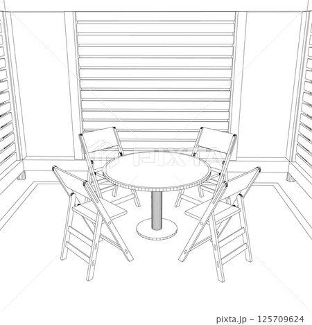 Gazebo outline. Black contour linear silhouette. Contour of a summerhouse with benches, a table and a roof. Vector illustration. 3D. 125709624