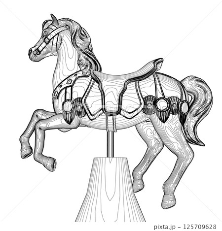 Black and White Drawing contour vector illustration of a carousel horse in a white background For assembly Or create teaching material for mothers who do 125709628