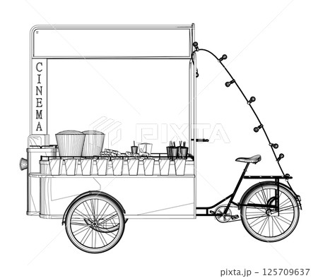 Popcorn maker vector illustration. Vintage kiosk in amusement park. Street food. Tricycle movie theater food. Side view. 125709637