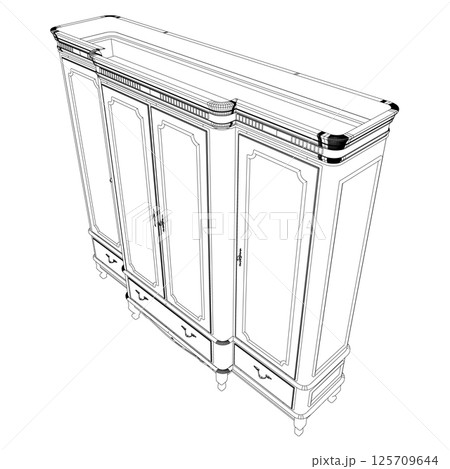 Contour of Wooden retro wardrobe. Natural wood retro closet for interior, dress storage cabinet vector illustration. Isometric view. 3D. 125709644