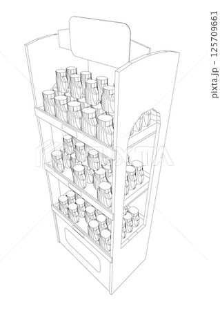 Grocery shop showcase. Supermarket with food product shelves, racks. Store vector concept Grocery shop showcase. Supermarket with food product shelves, racks. Store vector concept 125709661