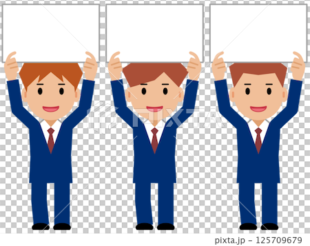 A young man in a navy blue suit holding up a board 125709679