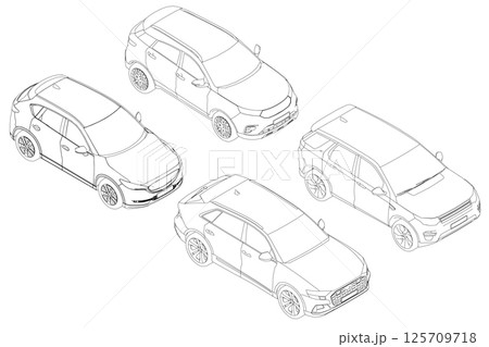 Set of contours different models of cars. Vector flat style illustration. Isometric view car vector illustration. 3D. Set of contours different models of cars. Vector flat style illustration. Isometric view car vector illustration. 3D. 125709718