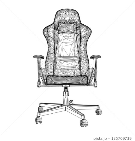 Gaming chair wireframe vector illustration. Drawing of computer chair, comfortable equipment for gaming isolated on white background. Furniture, gaming, comfort concept. 3D. Gaming chair wireframe vector illustration. Drawing of computer chair, comfortable equipment for gaming isolated on white background. Furniture, gaming, comfort concept. 3D. 125709739