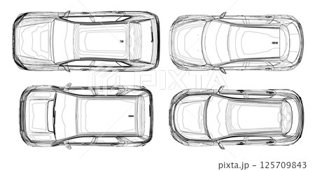 Set of contours different models of cars. Vector flat style illustration. Top view car vector illustration. 125709843