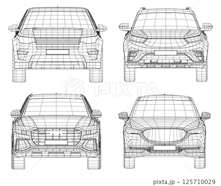 Set of wireframe different models of cars. Vector flat style illustration. Front view car vector illustration. 3D Set of wireframe different models of cars. Vector flat style illustration. Front view car vector illustration. 3D 125710029