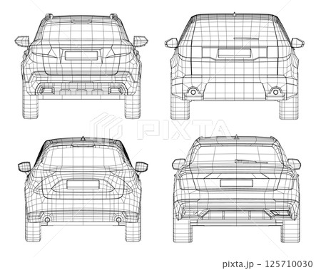 Set of wireframe different models of cars. Vector flat style illustration. Back view car vector illustration. 3D. Set of wireframe different models of cars. Vector flat style illustration. Back view car vector illustration. 3D. 125710030