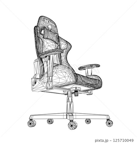 Gaming chair wireframe vector illustration. Drawing of computer chair, comfortable equipment for gaming isolated on white background. Furniture, gaming, comfort concept. 3D. Gaming chair wireframe vector illustration. Drawing of computer chair, comfortable equipment for gaming isolated on white background. Furniture, gaming, comfort concept. 3D. 125710049