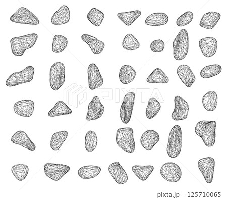 Set of wireframe pebbles and natural stones. Hand drawn illustration vector. Isolated on white background. 125710065