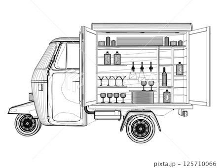 Contour Alcohol truck, outdoor bar. Street vendor selling drinks, beverages at caravan counter. Bartender at window of wheeled mobile alcohol bar. Flat vector illustration isolated on white background 125710066