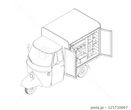 Contour Alcohol truck, outdoor bar. Street vendor selling drinks, beverages at caravan counter. Bartender at window of wheeled mobile alcohol bar. Flat vector illustration isolated on white background 125710067
