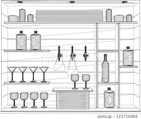 Alcohol bar outline with bottles and glasses on shelves made of black lines isolated on white background. Vector illustration. 125710068