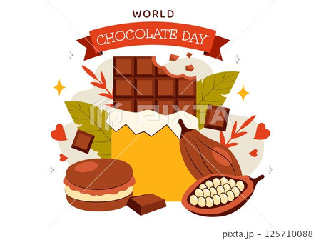 World Chocolate Day Celebration Vector Illustration on 7 July, Featuring Melted Chocolate, Sweet Cakes, and Desserts in a Flat Style Background 125710088