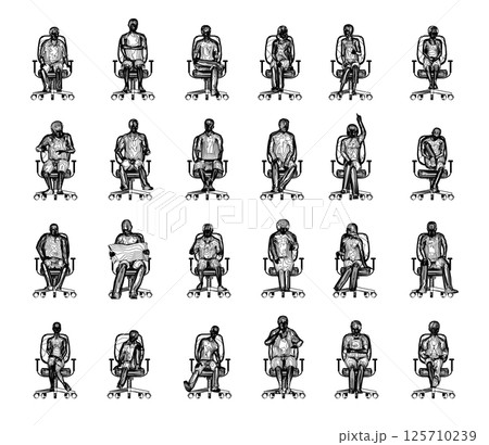 Set with outlines of people sitting in chairs in different positions from black lines isolated on white background. Men, women and children sitting in chairs. Front view. Vector illustration. 125710239
