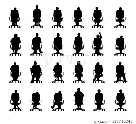 Set with silhouette of people sitting in chairs in different positions isolated on white background. Men, women and children sitting in chairs. Front view. Vector illustration. Set with silhouette of people sitting in chairs in different positions isolated on white background. Men, women and children sitting in chairs. Front view. Vector illustration. 125710245