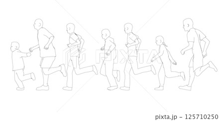 Outline of running people from black lines isolated on white background. Men, women and children running. Side view. Vector illustration. 125710250