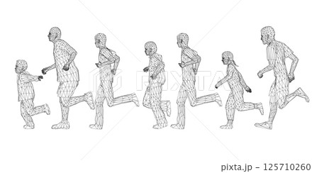 Wireframe of running people from black lines isolated on white background. Men, women and children running. Vector illustration. 3D 125710260