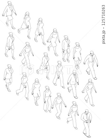 Set with contours of walking people from black lines isolated on white background. Men and women walking. Isometric view. Vector illustration. 3D. 125710263