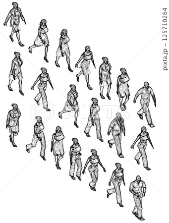 Set with contours of walking people from black lines isolated on white background. Men and women walking. Isometric view. Vector illustration. 3D. 125710264