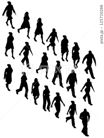 Set with silhouette of walking people isolated on white background. Men and women walking. Isometric view. Vector illustration. 125710266