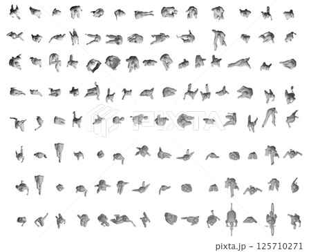 Set with people polygonal in different positions isolated on white background. Men, women and children walking, running, standing, sitting. Isometric view. Vector illustration. 3D 125710271