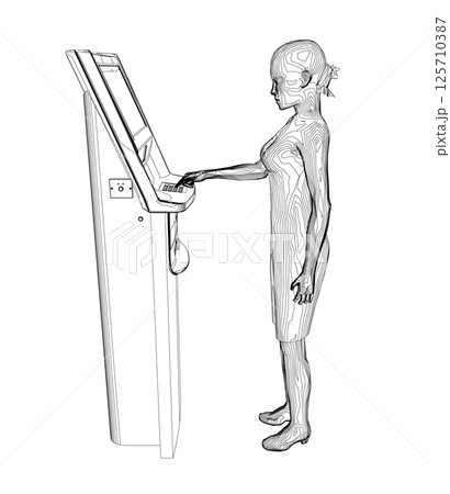 Contour Woman withdraws money from an ATM. Outline of Young woman uses terminal. Young Woman Standing At ATM Machine. Vector illustration in flat style. 125710387