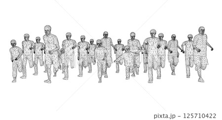 Wireframe of running people from black lines isolated on white background. Men, women and children running. Vector illustration. 3D Wireframe of running people from black lines isolated on white background. Men, women and children running. Vector illustration. 3D 125710422