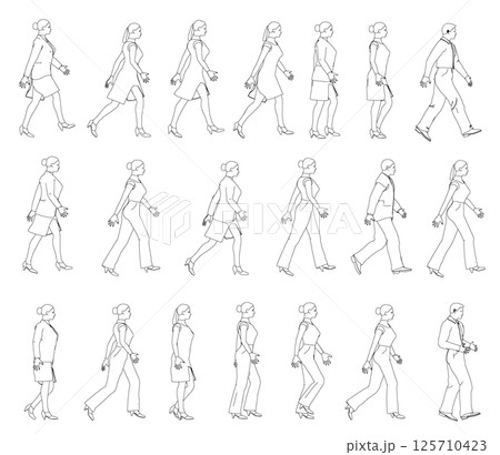 Set with contours of walking people from black lines isolated on white background. Men and women walking. Side view. Vector illustration. Set with contours of walking people from black lines isolated on white background. Men and women walking. Side view. Vector illustration. 125710423