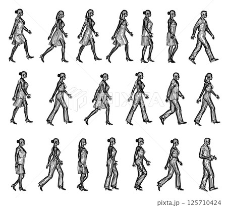 Set with contours of walking people from black lines isolated on white background. Men and women walking. Side view. Vector illustration. Set with contours of walking people from black lines isolated on white background. Men and women walking. Side view. Vector illustration. 125710424