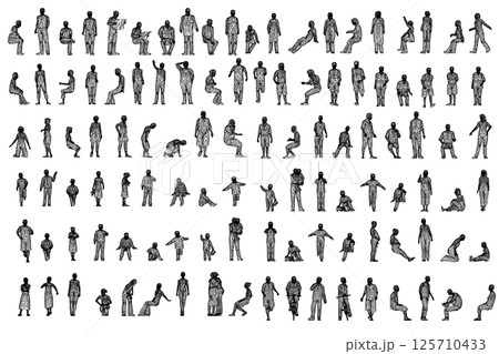 Set with people wireframe in different positions from black lines isolated on white background. Men, women and children walking, running, standing, sitting. Vector illustration. 3D 125710433