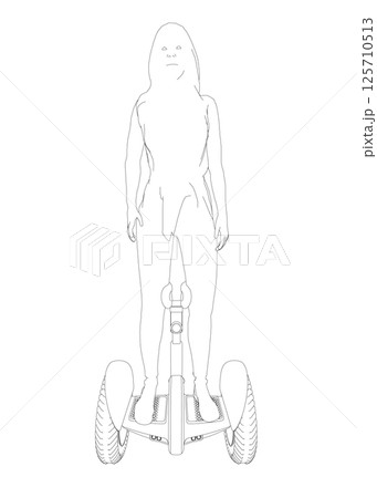 Outline of a girl standing on a segway made of black lines isolated on a white background. Girl riding a segway. Front view. Vector illustration. 125710513