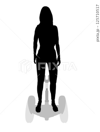 Silhouette of a girl standing on a segway made of black lines isolated on a white background. Girl riding a segway. Front view. Vector illustration. 125710517