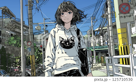 休みの日、自宅の近所を散歩している若い女性