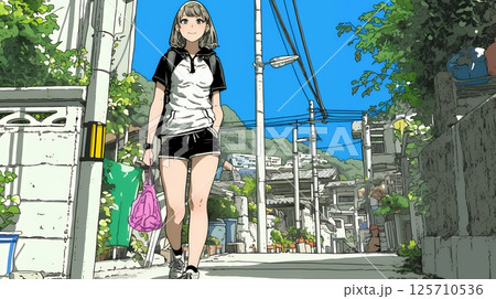 休みの日、自宅の近所を散歩している若い女性
