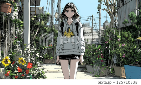 休みの日、自宅の近所を散歩している若い女性