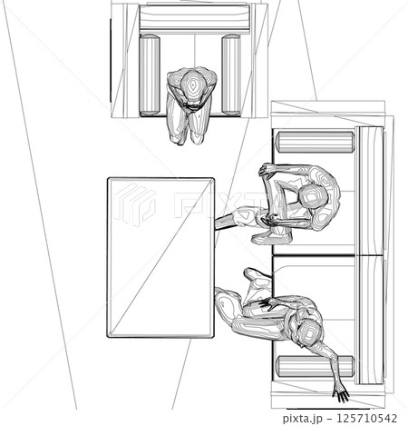 Outline of people sitting on sofa and chair at table. Top view. Vector illustration. Outline of people sitting on sofa and chair at table. Top view. Vector illustration. 125710542