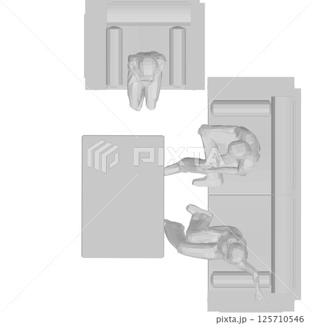 Polygonal model of people sitting on sofa and chair at table. Top view. Vector illustration. 3D 125710546