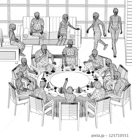 Wireframe of people sitting in restaurant on chairs and sofa from black lines isolated on white background. Restaurant interior. Isometric view. Vector illustration. Wireframe of people sitting in restaurant on chairs and sofa from black lines isolated on white background. Restaurant interior. Isometric view. Vector illustration. 125710551