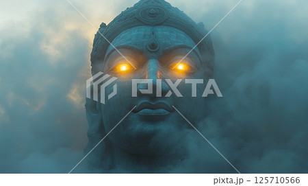 In the early morning light, the massive face of Durga emerges from swirling mist, captivating onlookers during aarti as the atmosphere fills with spirituality and reverence. In the early morning light, the massive face of Durga emerges from swirling mist, captivating onlookers during aarti as the atmosphere fills with spirituality and reverence. 125710566