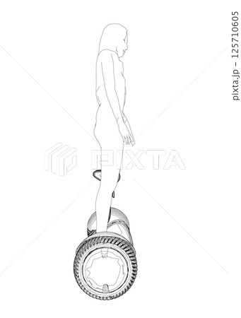 Outline of a girl standing on a segway made of black lines isolated on a white background. Girl riding a segway. Front view. Vector illustration. 125710605