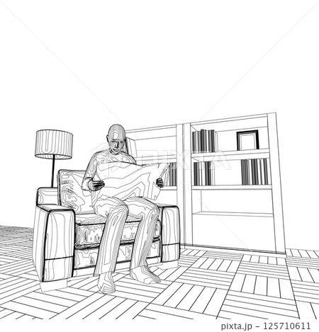 Outline of man sitting in armchair and reading newspaper in room with lamp and bookcase with books made of black lines isolated on white background. Vector illustration. Outline of man sitting in armchair and reading newspaper in room with lamp and bookcase with books made of black lines isolated on white background. Vector illustration. 125710611