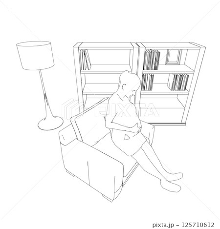 Pregnant woman outline sitting on chair made of black lines isolated on white background. Room with bookcase and chair with pregnant girl. Vector illustration. 125710612