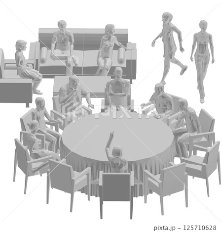 Polygonal model of people sitting in restaurant on chairs and sofa from black lines isolated on white background. Restaurant interior. Isometric view. Vector illustration. 3D. 125710628