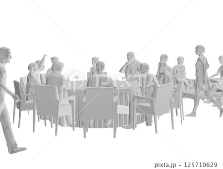Polygonal model of people sitting in restaurant on chairs and sofa isolated on white background. Restaurant interior. Perspective view. Vector illustration. 3d Polygonal model of people sitting in restaurant on chairs and sofa isolated on white background. Restaurant interior. Perspective view. Vector illustration. 3d 125710629