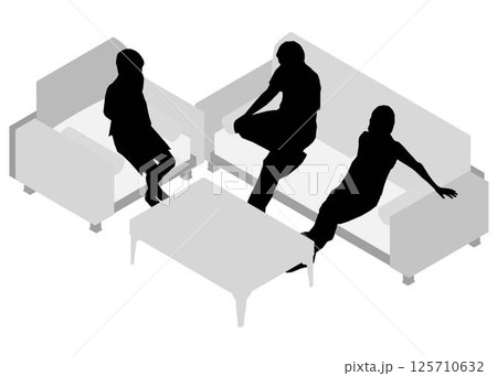 Silhouette model of people sitting on sofa and chair at table. Isometric view. Vector illustration. 125710632